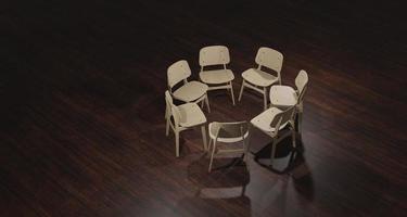 Ilustração 3D de cadeiras vazias preparadas para terapia de grupo