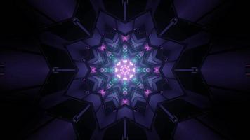 Ilustração 3D de padrão geométrico simétrico com luzes coloridas brilhando na escuridão