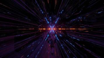linhas de néon brilhantes em túnel escuro na ilustração 3D