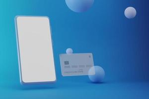 brincar Smartphone e banco crédito cartão em azul fundo foto
