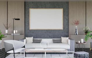 Moldura de foto em branco de maquete 3d na renderização da sala de estar