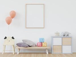 Moldura de foto de maquete 3d na renderização de quarto de criança
