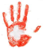 impressão da mão do uma suíço bandeira em uma branco foto