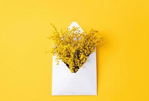 aberto branco envelope com amarelo mimosa flores em amarelo fundo, brincar Projeto foto