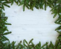Natal árvore galhos em branco de madeira textura pronto para seu Projeto foto
