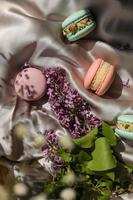 biscoitos franceses rosa e menta ou biscoitos macarons e flores lilás em um fundo de pano. sabores naturais de frutas e bagas, recheio cremoso para dia das mães dos namorados páscoa com comida de amor foto