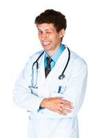 retrato do uma sorridente masculino médico em branco foto