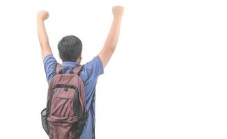 costas lado do vencedora estudante, carregando a o saco da escola e a comemorar sucesso foto