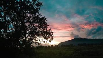 pôr do sol às a pé do a montanhas com sombrio árvores foto