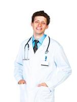 retrato do a sorridente médico em uma branco foto