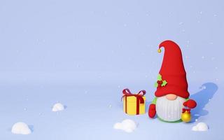 Natal escandinavo gnomo dentro vermelho chapéu com presente caixa e Natal árvore brinquedo 3d render ilustração. foto