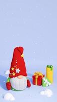 Natal escandinavo gnomo com pilha do presente caixa e neve 3d render ilustração. foto
