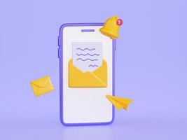 notificação Boletim de Notícias 3d render ilustração - Móvel telefone com amarelo envelope e Sino em tela. foto