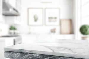 esvaziar mármore pedra mesa em borrado cozinha fundo foto