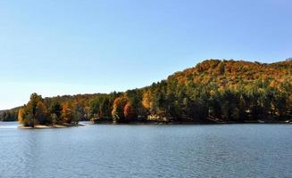 lindo outono folhagem e montanha lago foto
