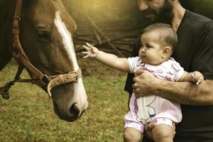 fechar acima do bebê menina com Papai tocante uma égua. foto