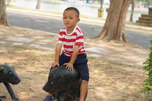 Garoto jogando dentro a Parque infantil dentro a parque foto