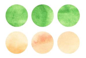 verde e laranja aguarela círculos definir. volta brilhante colorida geométrico formas em branco fundo. aquarelle manchas em papel textura. abstrato arte. modelo para seu Projeto. foto