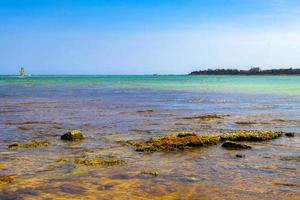 água azul turquesa verde com pedras rochas corais praia méxico. foto