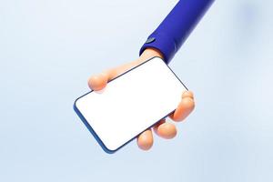Mão de desenho animado 3D segurando tela em branco de maquete de smartphone isolada em fundo azul, mão usando maquete de telefone celular. ilustração de renderização 3D foto