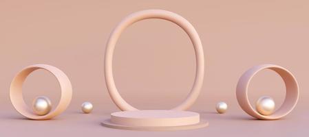 bege cilindro pódio com decorativo círculo objetos. ficar de pé para mostrar produtos. moderno pedestal exibição com cópia de espaço. bandeira tamanho. local na rede Internet cobrir modelo. 3d Renderização. foto