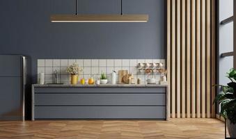 design de interiores de cozinha de estilo moderno com parede azul escura. foto