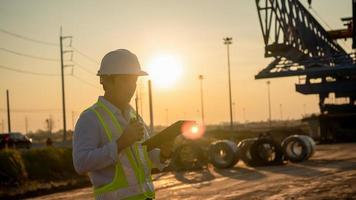 masculino engenheiro falando em walkie-talkie e usando tábua para trabalhando às construção local em pôr do sol foto