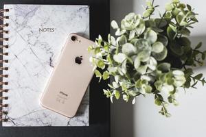 2019 - editorial ilustrativo do iphone 8 dourado no caderno ao lado da planta verde foto