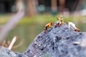 caminhantes em miniatura subindo em uma rocha, esporte e conceito de lazer foto