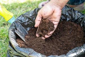 mão segurando a matéria orgânica de turfa melhoram o solo para o cultivo de plantas orgânicas agrícolas, conceito de ecologia. foto