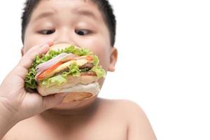 obeso gordo Garoto comer Hamburger. foto