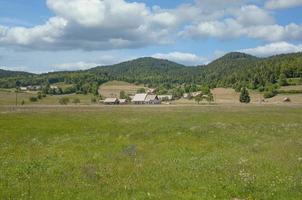 panorama e Vila em pokljuka planalto, triglav nacional parque, eslovênia foto