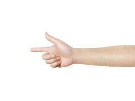 fêmea mão apontando frente isolado em branco fundo foto