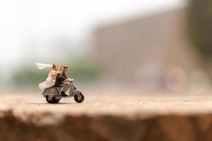 casal em miniatura andando de moto em um jardim foto
