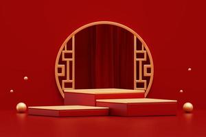 vermelho pódio chinês estilo luxo pedestal plataforma espaço sala de exposições produtos apresentação em vermelho fundo 3d foto