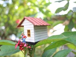 uma fechar acima do uma miniatura figura do uma mãe rega a plantas dentro frente do a casa. foto