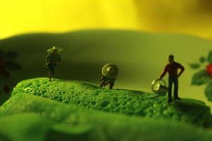 miniatura figuras do agricultores às trabalhos em verde panqueca rolos. conceito do agricultura foto. foto