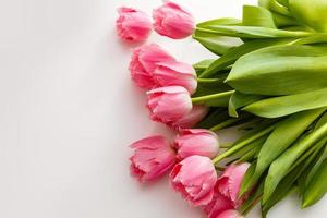 Rosa tulipas mentira em uma branco mesa foto