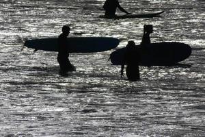 surfar escola em a oceano de praia foto