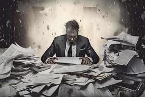 uma conceptual colagem sobre uma homem de negocios assombrada de papéis e relatórios representando a estresse do a moderno mundo às trabalhar. foto
