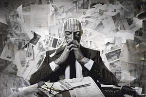uma conceptual colagem sobre uma homem de negocios assombrada de papéis e relatórios representando a estresse do a moderno mundo às trabalhar. foto