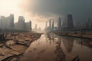 Pós-apocalíptico panorama. cidade depois de a efeitos do global aquecimento. clima alterar conceito foto