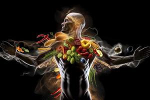 esboço do uma humano com parafusos do energia corrida através a corpo, a corpo é cercado de fruta foto