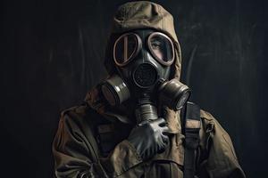 homem com uma gás mascarar, nuclear guerra e de Meio Ambiente desastre, radioatividade catástrofe, militares equipamento foto