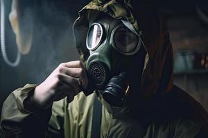 homem com uma gás mascarar, nuclear guerra e de Meio Ambiente desastre, radioatividade catástrofe, militares equipamento foto