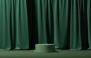 pódio exibição ficar de pé vitrines através quarto com cortinas em verde fundo, 3d renderização,3d ilustração. foto
