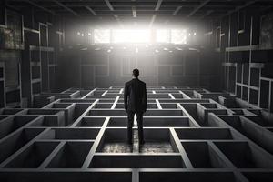 a elegante homem de negocios em pé em uma quadrado plataforma olhando sobre infinito labirinto conceito foto
