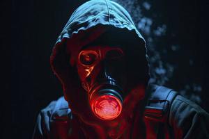 azul e vermelho iluminado pessoa com uma gás mascarar foto