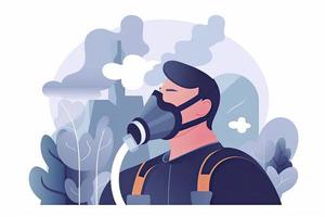 co2 emissões. homem respiração através filtro mascarar para reduzir saúde efeitos do tóxico químico vapores a partir de fábrica foto