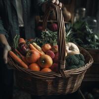 mulher folhas a mercado com uma cesta ou uma ampla pacote cheio do frutas e legumes. generativo ai foto